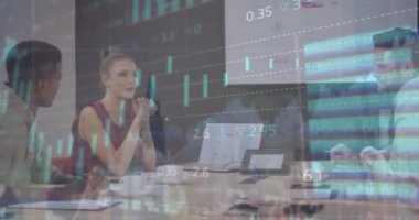 Animation of financial data processing over diverse business people in office. Global networks, computing, business, finance and data processing concept digitally generated video.