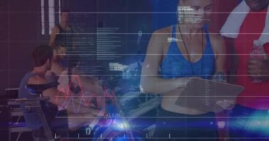 Animation of financial data processing over diverse people at gym. Global sport, finances and digital interface concept, digitally generated video.