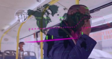 Animation of financial data processing and man in face mask on bus. Covid 19 pandemic, medicine, healthcare, finance, computing and data processing concept digitally generated video.