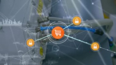 Animation of network of connections with icons and data processing over computer server. Global connections, business, finance, computing and data processing concept digitally generated video.
