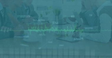 Animation of graphs and changing numbers over diverse board members business meeting in office. Digital composite, multiple exposure, report, finance, growth, digits, communication and abstract.