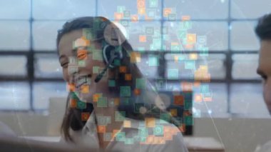 Animation of connections with icons over businesswoman using phone headset. Global business, computing, connections and data processing concept digitally generated video.