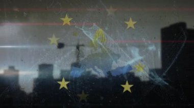 Animation of padlock, data processing and flag of eu. Global finance, business, european union and data processing concept digitally generated video.