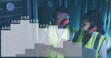 Animation of data processing over african american workers in server room. Global business and digital interface concept, digitally generated video.