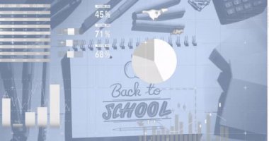 Animation of data processing over back to school text and school items. Global education and digital interface concept digitally generated video.