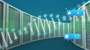 Animation of dna strand, social media icons over computer servers. Global business, finances, networks, computing and data processing concept digitally generated video.