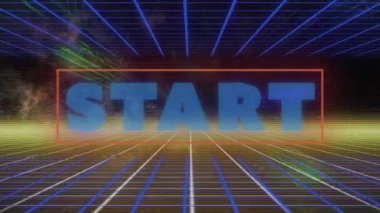 Animation of start text in rectangle over grid pattern against abstract background. Digitally generated, hologram, illustration, illuminated, vector, design, push button and technology concept.