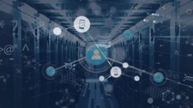Animation of network of connections with icons and data processing over server room. Global connections, computing and digital interface concept digitally generated video.