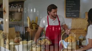 Animation of financial data processing and statistics over man and woman in shop. Global business, finance, data processing and connections concept digitally generated video.