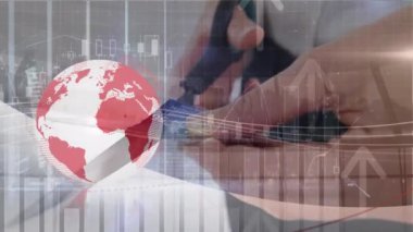 Animation of financial data processing and globe over man cutting credit card. Global finance, business and data processing concept digitally generated video.