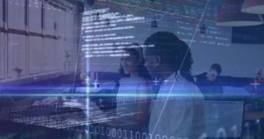 Animation of stock market data processing over diverse businessman and businessman discussing. Global economy and business technology concept