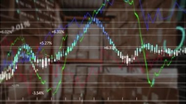 Animation of financial and stock market processing against empty warehouse. Global finance and transportation logistics business technology concept
