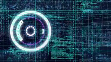 Animation of neon round scanner, data processing and mathematical equations on blue background. Computer interface and business technology concept