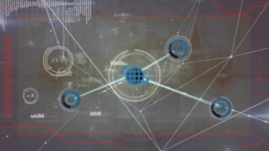 Animation of connected icons by lines, soundwave, graphs against abstract background. Digital composite, multiple exposure, report, business, communication and technology concept.