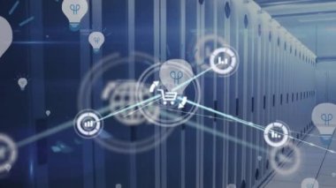 Animation of icons connected with lines, light bulbs against server room in background. Digital composite, multiple exposure, globalization, ideas, communication, technology and network server.