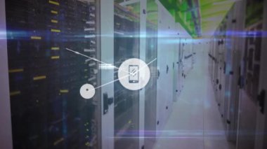 Animation of network of connections with icons and globe over server room. Global business and digital interface concept digitally generated video.