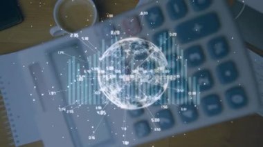 Animation of globe with connections and data over cdesk with electronic devices. Global business, finance, computing and data processing concept digitally generated video.