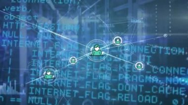 Animation of connected icons, lens flares and programming language against server room. Digital composite, multiple exposure, communication, coding, abstract, technology and network server.