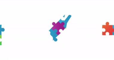 Animation of hand shape with puzzle pieces on white background. Autism awareness month and digital interface concept digitally generated video.