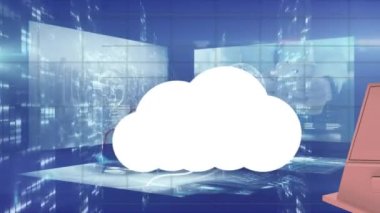 Animation of clouds with icons over data processing. Global business and digital interface concept digitally generated video.