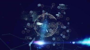 Animation of financial data processing over globe on black background. Global business, finances and digital interface concept digitally generated video.