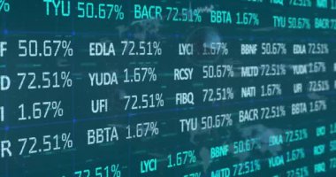 Animation of stock market data processing over multiple round scanners against blue background. Global economy and business technology concept