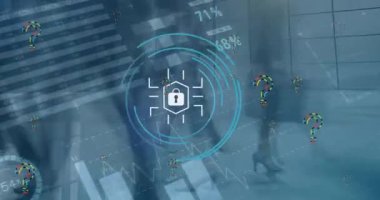 Animation of data processing over padlock and people in city. Global business and digital interface concept digitally generated video.