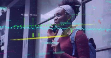 Animation of financial data processing over woman using smartphone. Global business, finance, computing, connections and data processing concept digitally generated video.