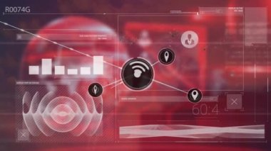 Animation of network of digital icons over interface with data processing against red background. Global networking and business technology concept