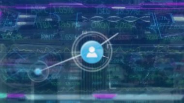 Animation of network of connections with icons over digital screen with data. Network, connections, data processing and technology concept digitally generated video.