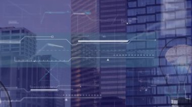 Animation of data processing over cityscape. Global business, computing, connections and data processing concept digitally generated video.