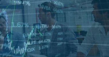 Animation of statistics and financial data processing over business people. Global business, finance, computing and data processing concept digitally generated video.