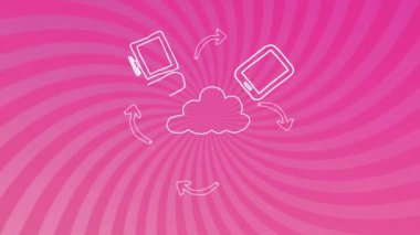 Animation of icons and arrows drawing over spiral pattern against pink background. Digitally generated, hologram, cloud computing, art, design, illustration and technology concept.