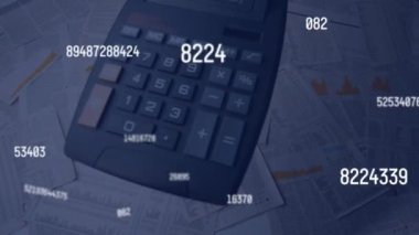 Animation of changing numbers against calculator falling over documents. Computer interface and business technology concept