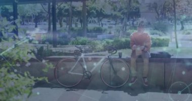 Animation of network of connections over man in city. Global networks, computing and data processing concept digitally generated video.