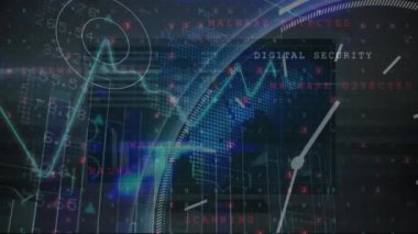 Animation of multiple graphs, lens flares over digital clock, map, texts, numbers and letters. Digitally generated, hologram, time, report, finance, global, growth and technology concept.