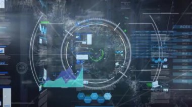 Animation of network of connections with scope scanning and data processing on black background. Global technology, computing and digital interface concept digitally generated video.