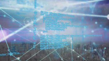 Animation of network of connections and data processing over cityscape. Global connections, computing and digital interface concept digitally generated video.
