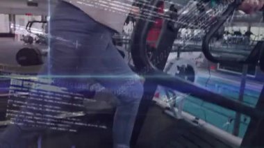 Animation of financial data processing over caucasian woman exercising. Global sport, finances and digital interface concept digitally generated video.