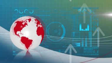 Animation of globe, arrows and data processing. Global business, finances, computing and data processing concept digitally generated video.