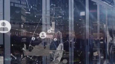Animation of network of connections with icons and data processing over server room. Global connections, computing and digital interface concept digitally generated video.