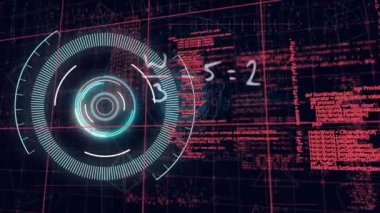 Animation of neon round scanner, data processing and mathematical equations on black background. Computer interface and business technology concept