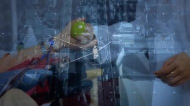 Animation of network of connections and data processing over doctors. Global medicine, healthcare services, connections, computing and data processing concept digitally generated video.