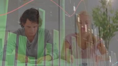 Animation of radar, globe and graphs over caucasian couple stressed over pending bills at home. Digital composite, multiple exposure, report, globalization, home finance, debt, expenses concept.
