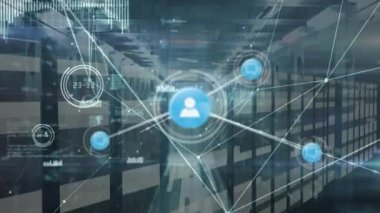 Animation of network of connections over server room. Global business and digital interface concept digitally generated video.