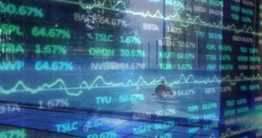 Animation of statistics and financial data processing over cityscape. Global business, finances, computing, networks and data processing concept digitally generated video.