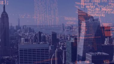 Animation of data processing over cityscape. Global business, finances, computing and data processing concept digitally generated video.