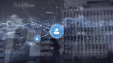 Animation of connected icons and graphs against dense clouds in background. Digital composite, multiple exposure, report, business, nature, communication and technology concept.