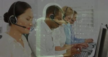 Call centre agents are working at the office. The animation shows falling numbers over an online security padlock, symbolising global internet security, data processing, connections and digital interface concept.
