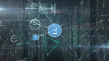 Animation of network of connections over server room. Global business and digital interface concept digitally generated video.